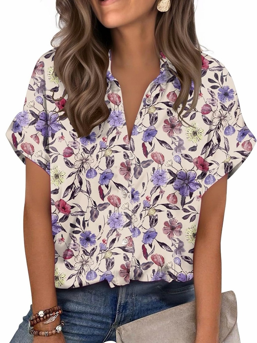 Floral Button-Front Short Sleeve Blouse - Cream/Purple